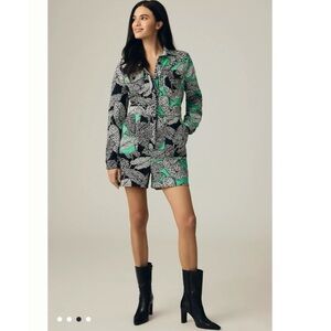 Printed Long-Sleeve Romper in Black & Green M